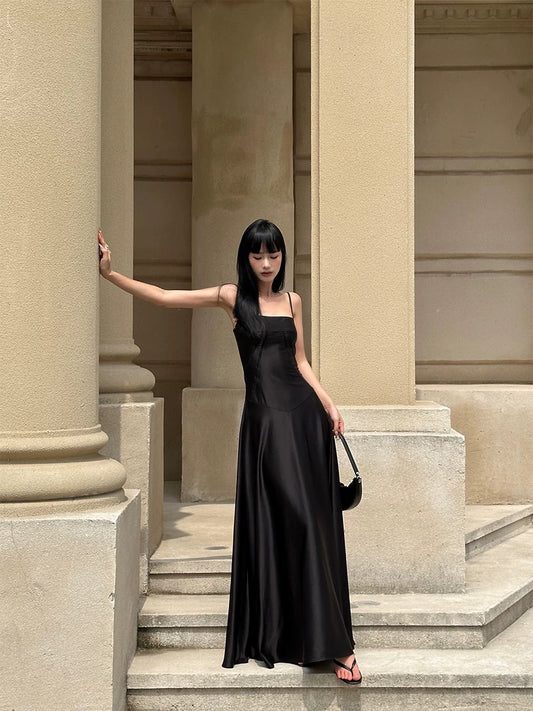 VENUIE black suspender dress for women summer French high-end waistline one-line collar satin sleeveless long skirt