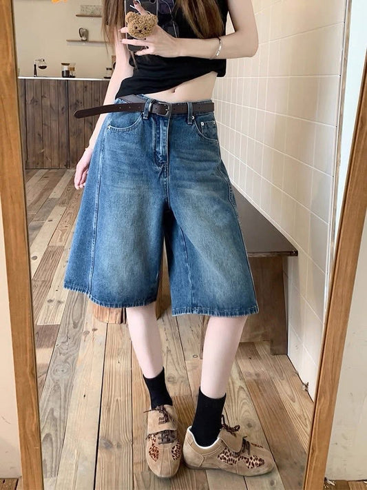 2025 summer new retro high waist loose versatile blue shorts wide leg pants jeans women's chic