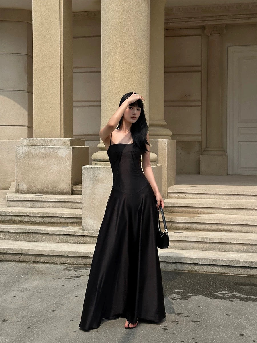 VENUIE black suspender dress for women summer French high-end waistline one-line collar satin sleeveless long skirt