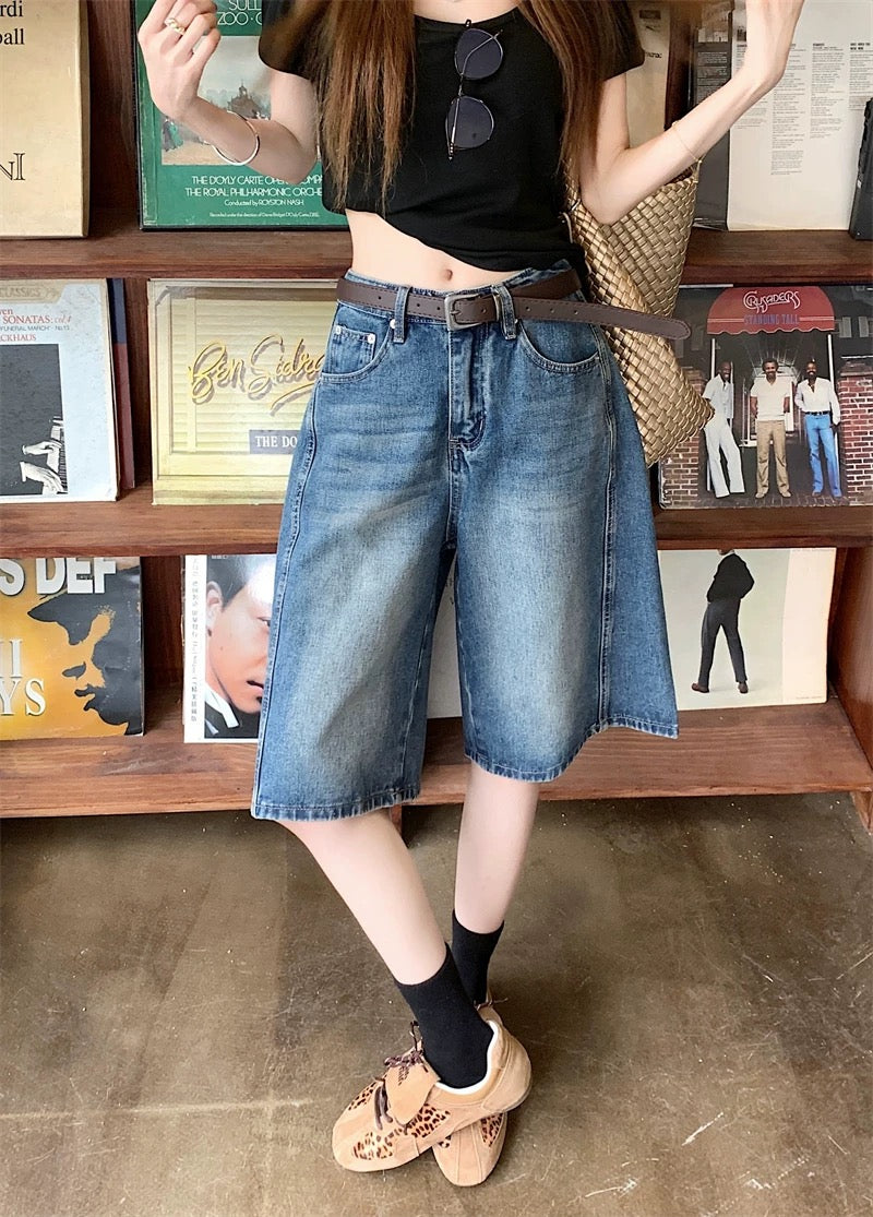2025 summer new retro high waist loose versatile blue shorts wide leg pants jeans women's chic