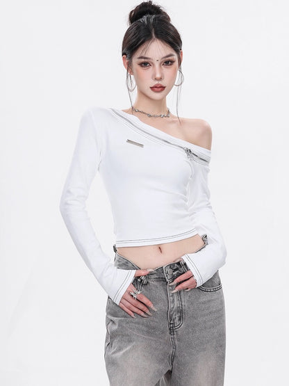 ABWEAR spring and autumn new long-sleeved T-shirt, slim short vest, irregular sexy off-shoulder design top for women