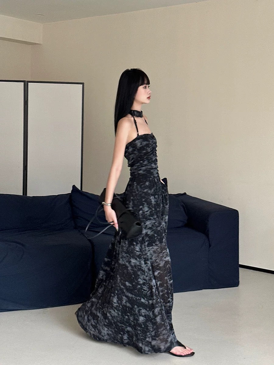 VENUIE Black Mesh Halter Dress Women's Summer Design Temperament Slim Floral Sleeveless Suspender Long Skirt