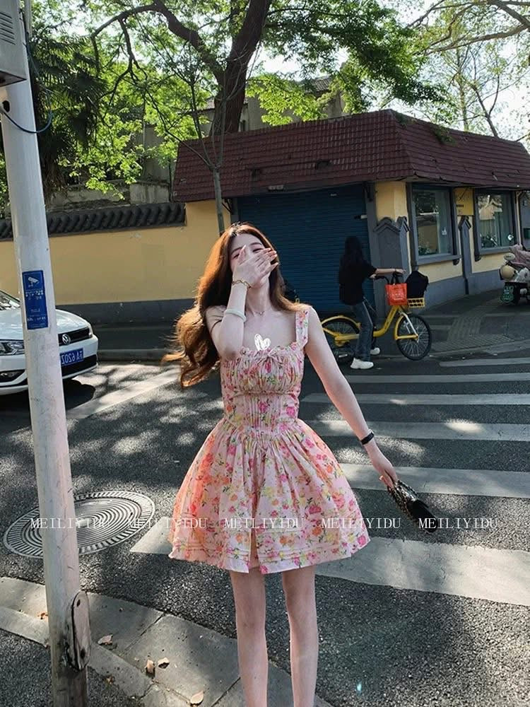 MLYD/Customized Large French Country Style Pink Floral Suspender Dress Sexy Waist Slimming Tutu Skirt