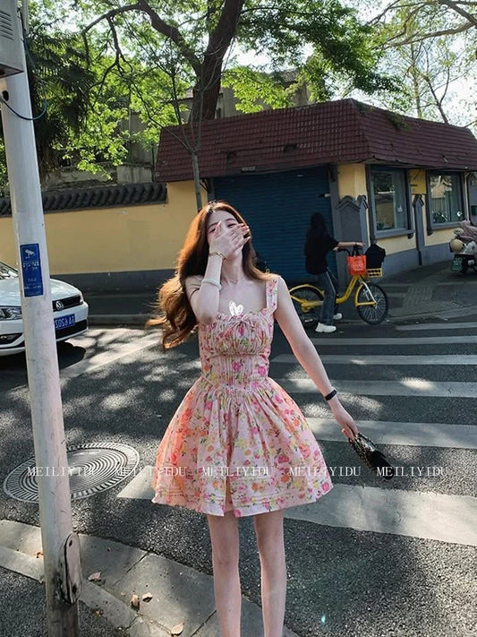 MLYD/Customized Large French Country Style Pink Floral Suspender Dress Sexy Waist Slimming Tutu Skirt