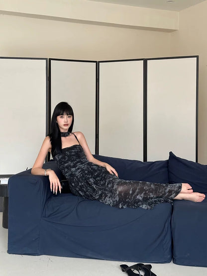 VENUIE Black Mesh Halter Dress Women's Summer Design Temperament Slim Floral Sleeveless Suspender Long Skirt