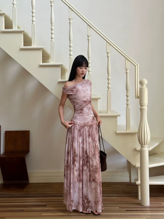 VENUIE lotus pink printed mesh dress for women in summer textured waist slimming pleated one-shoulder long skirt