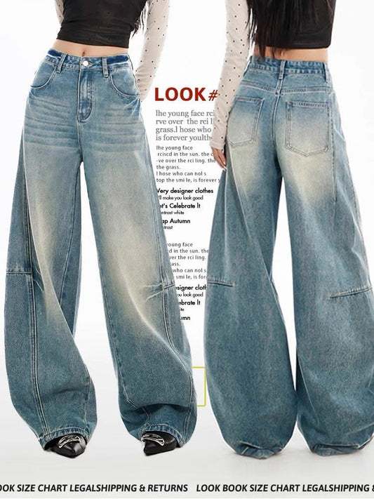 SHIYIYUE Machete Jeans Women's Autumn and Winter American Retro Blue Wrinkled High Waist Loose Wide Leg Floor-Mopping Long Pants