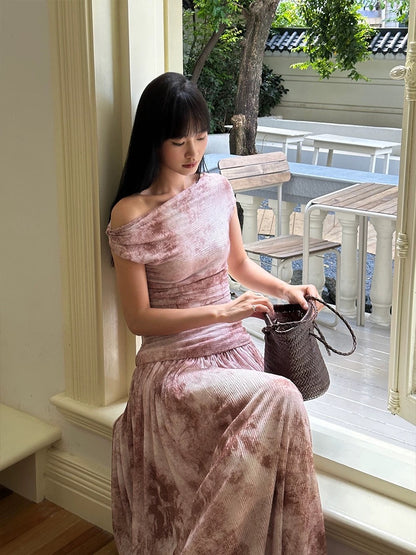 VENUIE lotus pink printed mesh dress for women in summer textured waist slimming pleated one-shoulder long skirt