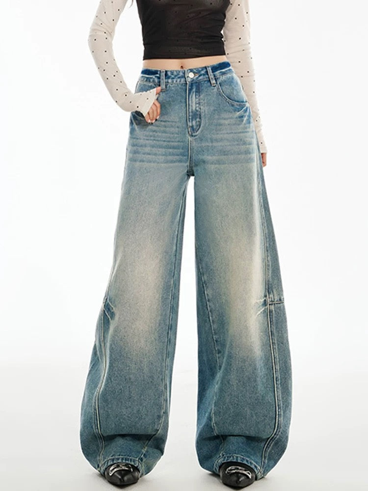 SHIYIYUE Machete Jeans Women's Autumn and Winter American Retro Blue Wrinkled High Waist Loose Wide Leg Floor-Mopping Long Pants