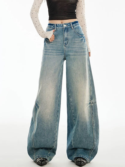 SHIYIYUE Machete Jeans Women's Autumn and Winter American Retro Blue Wrinkled High Waist Loose Wide Leg Floor-Mopping Long Pants