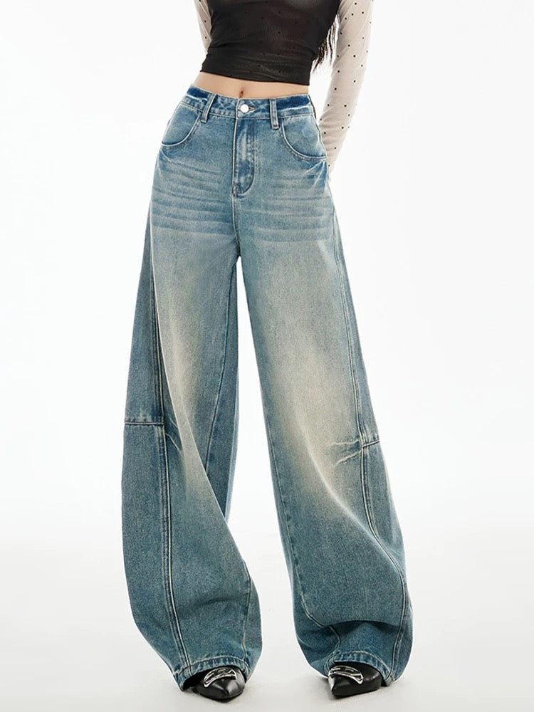 SHIYIYUE Machete Jeans Women's Autumn and Winter American Retro Blue Wrinkled High Waist Loose Wide Leg Floor-Mopping Long Pants