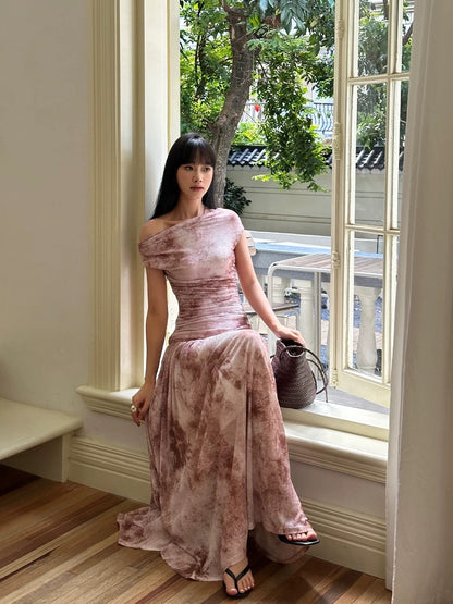 VENUIE lotus pink printed mesh dress for women in summer textured waist slimming pleated one-shoulder long skirt