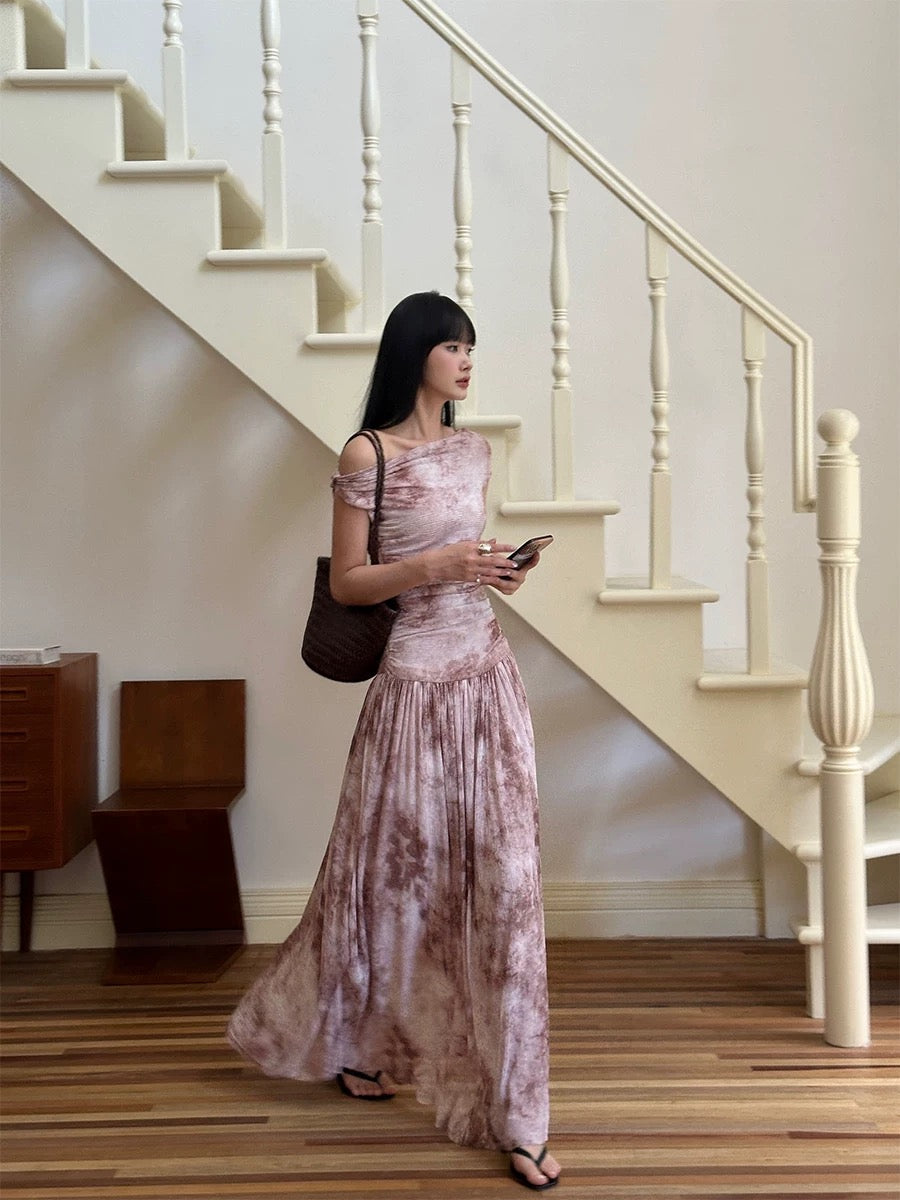 VENUIE lotus pink printed mesh dress for women in summer textured waist slimming pleated one-shoulder long skirt