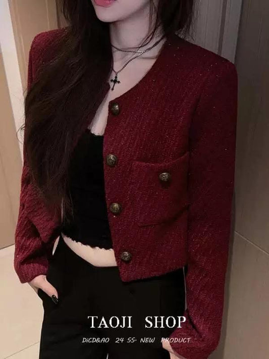 French retro red Chanel style jacket for women spring and autumn single-breasted senior casual loose long-sleeved cropped top