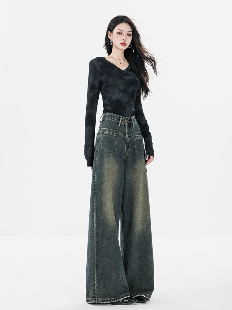 ABWEAR Original 2024 New Early Spring Dark Blue Wide Leg Jeans Women's Loose Straight Slim Floor-Mopping Pants