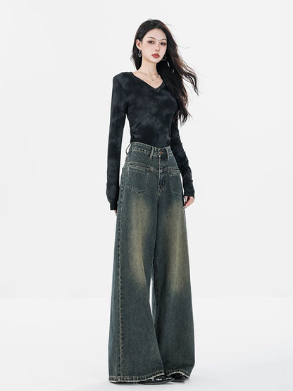 ABWEAR Original 2024 New Early Spring Dark Blue Wide Leg Jeans Women's Loose Straight Slim Floor-Mopping Pants