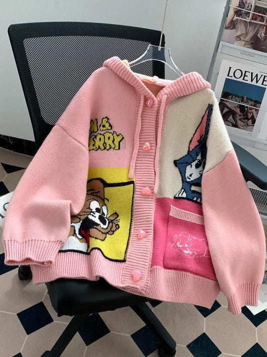 Lazy style loose hooded cute cartoon sweater cardigan jacket women's autumn and winter outer wear 2025 new age-reducing tops