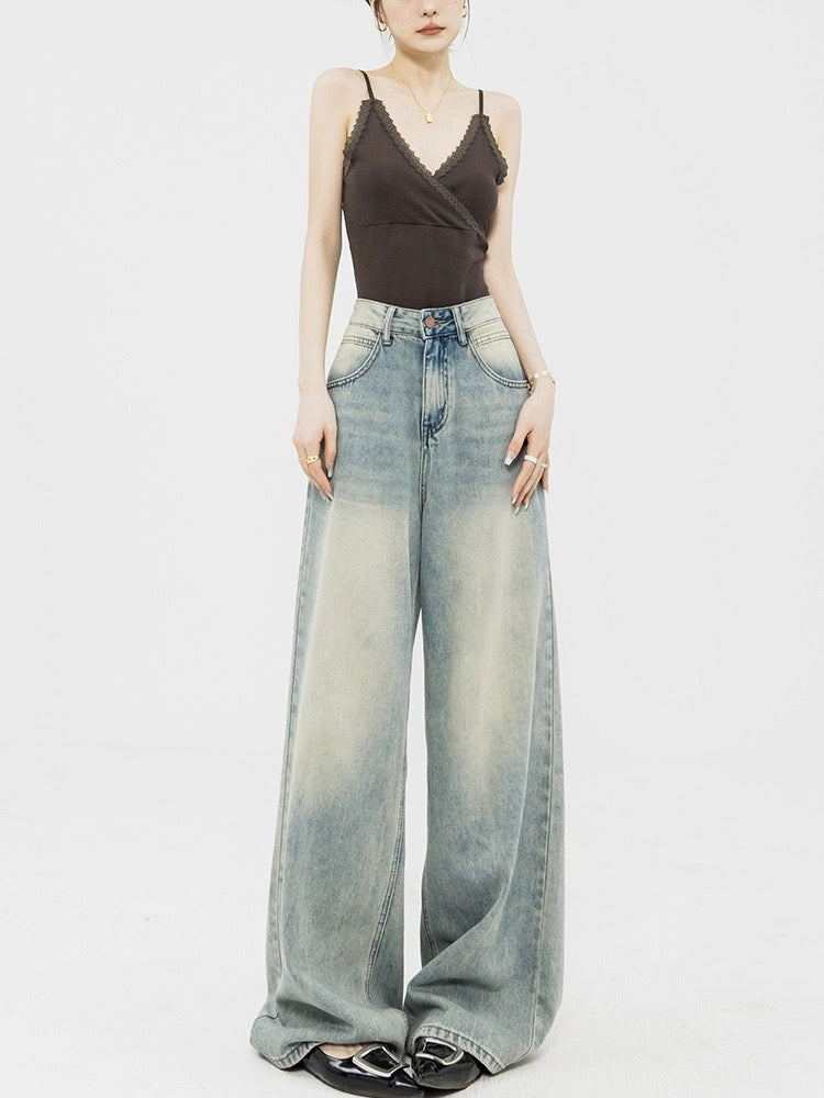 ABWEAR original 2024 new spring and autumn retro wide-leg jeans for women slimming loose floor-length straight pants