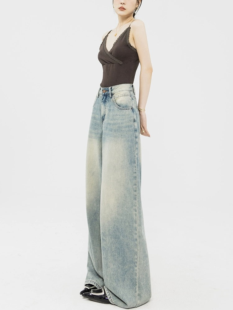 ABWEAR original 2024 new spring and autumn retro wide-leg jeans for women slimming loose floor-length straight pants