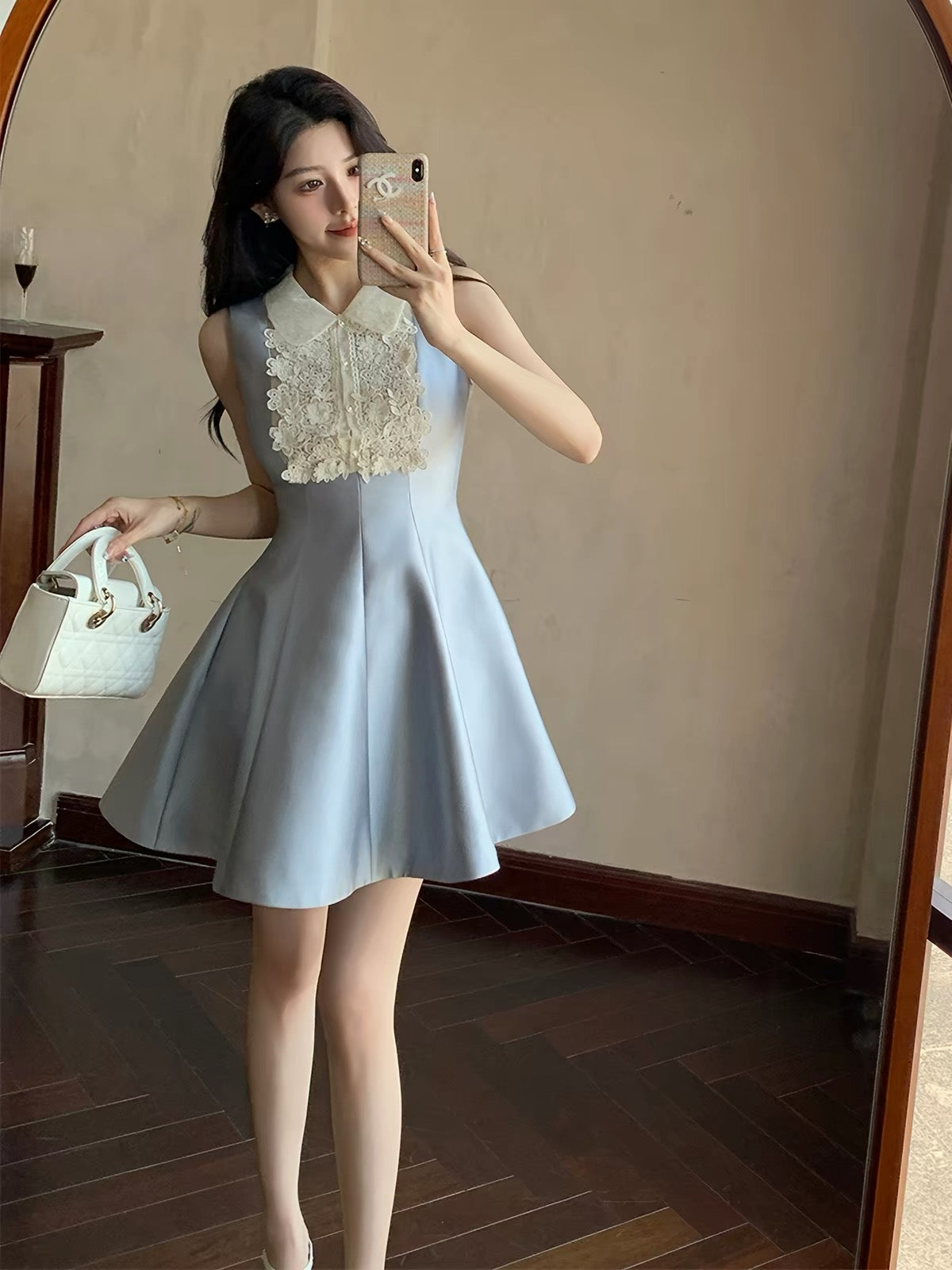 ORG Symphony Blue and White Color Block Lace Elegant Short Chanel-Style Sleeveless Vest Dress 2026 New Summer