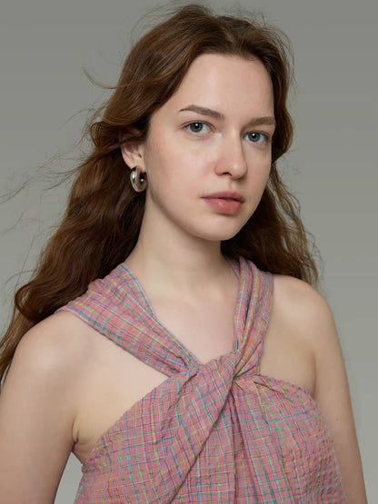 UNSPOKEN Women's Halter-Neck Plaid Top – French-Style Twist Detail, Unique Design, Chic Summer Camisole for Outerwear