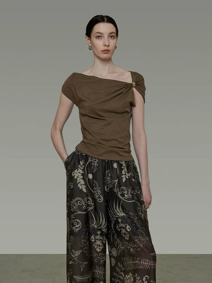 UNSPOKEN Women's Summer Slim-Fit Asymmetric Off-Shoulder T-Shirt – Stylish Top with Unique 3D Detailing