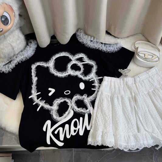 2025 Summer New Women's Fashion Suit Heavy-duty Off-shoulder Lace Edge KT Cat Short-sleeved T-shirt Loose and Slim