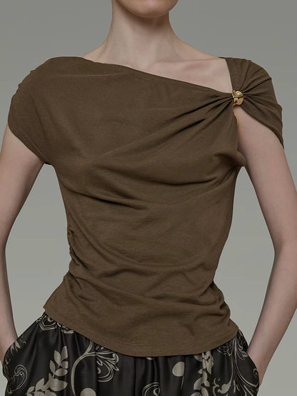 UNSPOKEN Women's Summer Slim-Fit Asymmetric Off-Shoulder T-Shirt – Stylish Top with Unique 3D Detailing