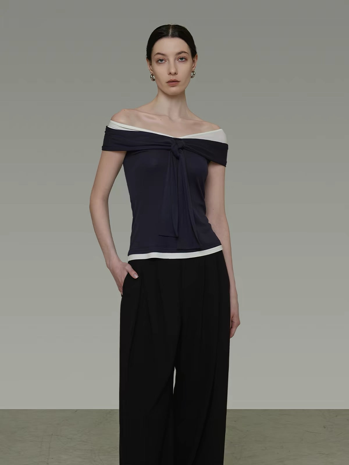 UNSPOKEN Women's Summer 2026 Off-Shoulder T-Shirt – Color-Block, Slim-Fit, Sophisticated Design
