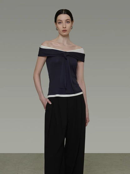 UNSPOKEN Women's Summer 2026 Off-Shoulder T-Shirt – Color-Block, Slim-Fit, Sophisticated Design