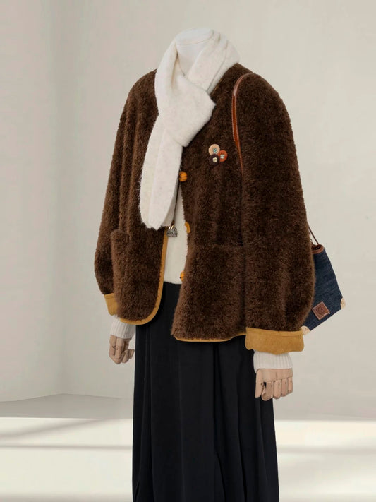 Brown polar fleece lambskin coat for women petite 2025 winter new Korean style thickened fur top
