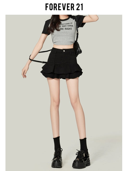 Forever21 black high-waisted pleated denim skirt women's A-line Berkeley skirt ruffled cake short skirt