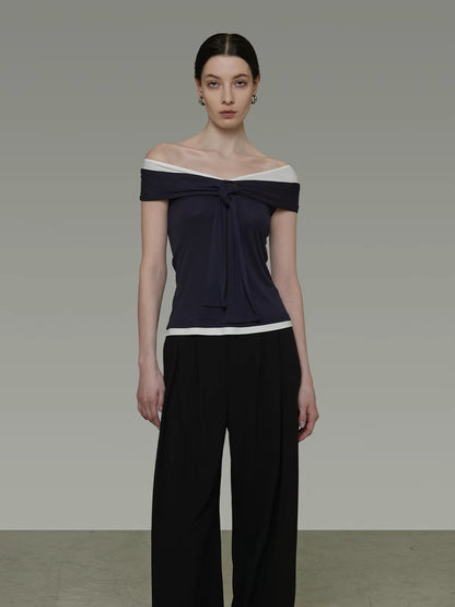 UNSPOKEN Women's Summer 2026 Off-Shoulder T-Shirt – Color-Block, Slim-Fit, Sophisticated Design