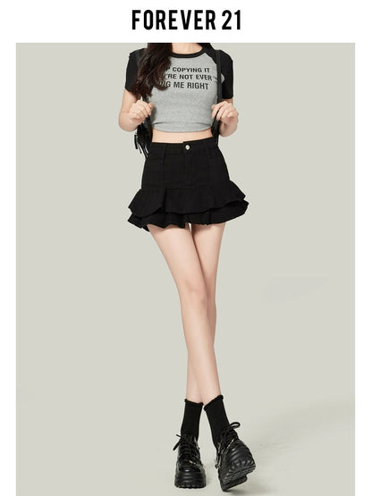 Forever21 black high-waisted pleated denim skirt women's A-line Berkeley skirt ruffled cake short skirt