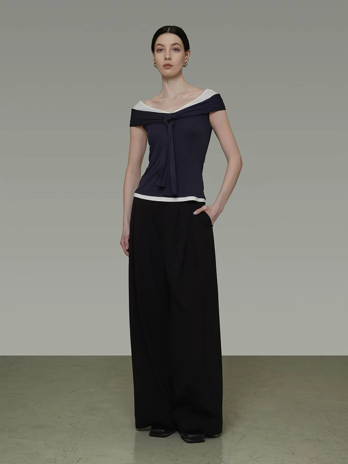 UNSPOKEN Women's Summer 2026 Off-Shoulder T-Shirt – Color-Block, Slim-Fit, Sophisticated Design