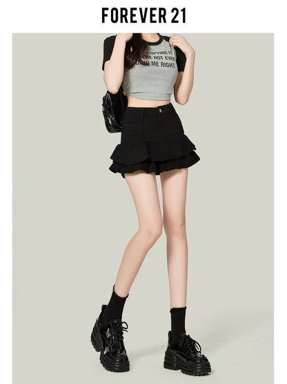 Forever21 black high-waisted pleated denim skirt women's A-line Berkeley skirt ruffled cake short skirt