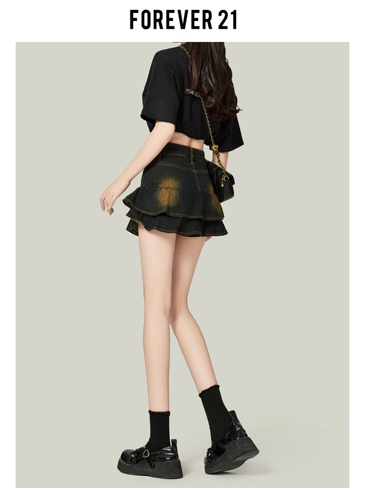 Forever21 black high-waisted pleated denim skirt women's A-line Berkeley skirt ruffled cake short skirt