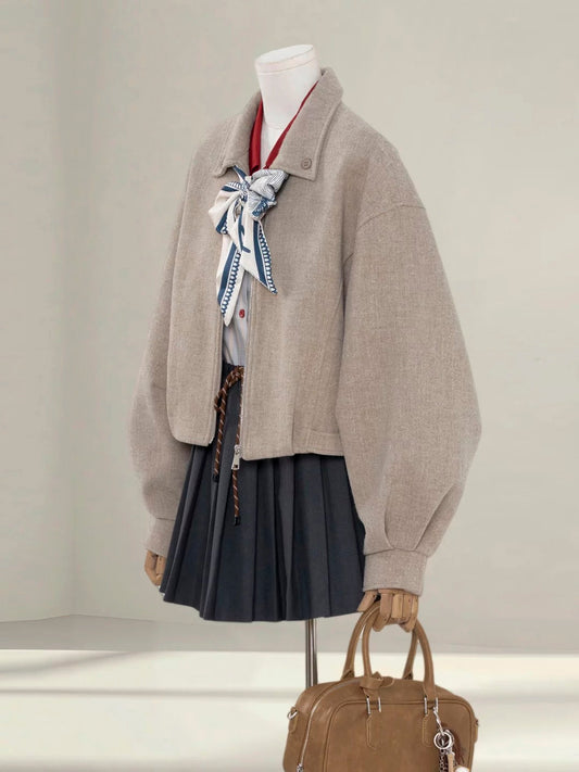 Beige lapel woolen coat for women, petite 2025 winter new Korean style casual short jacket