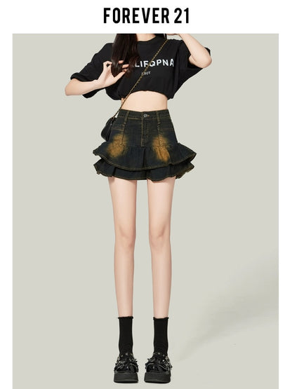 Forever21 black high-waisted pleated denim skirt women's A-line Berkeley skirt ruffled cake short skirt