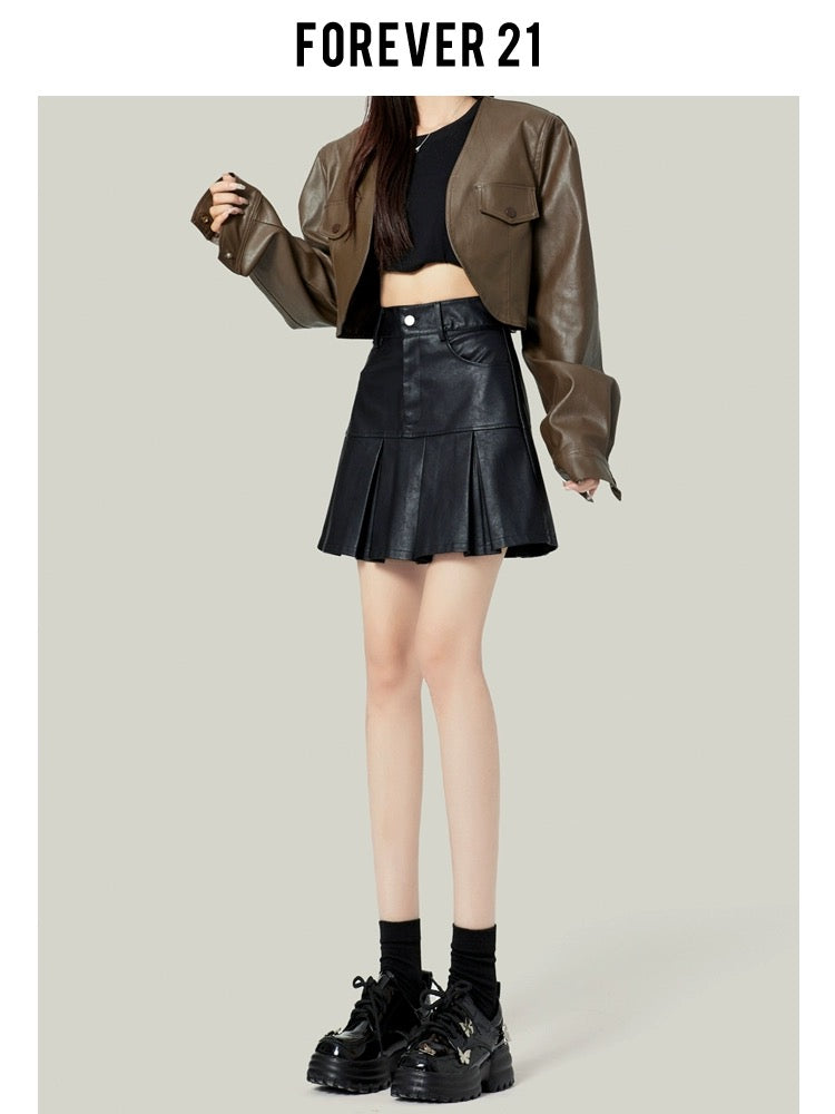 Forever21 Black Pu Leather Skirt Pleated Skirt Women's Spring 2024 Small High Waist A-Line Short Skirt