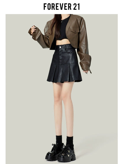 Forever21 Black Pu Leather Skirt Pleated Skirt Women's Spring 2024 Small High Waist A-Line Short Skirt