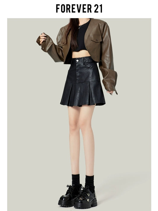 Forever21 Black Pu Leather Skirt Pleated Skirt Women's Spring 2024 Small High Waist A-Line Short Skirt