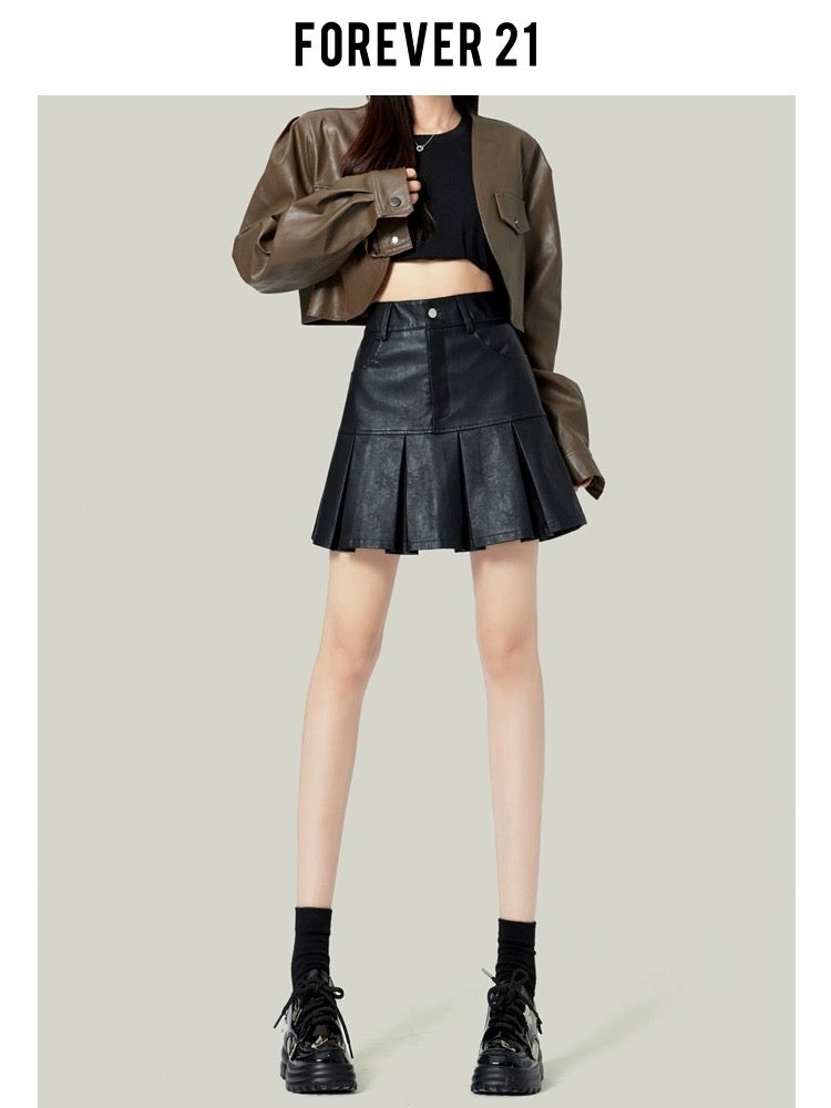 Forever21 Black Pu Leather Skirt Pleated Skirt Women's Spring 2024 Small High Waist A-Line Short Skirt