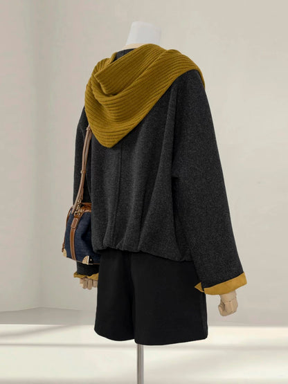 Dark grey high-grade contrast woolen coat for women 2025 autumn and winter new style small Korean short woolen coat