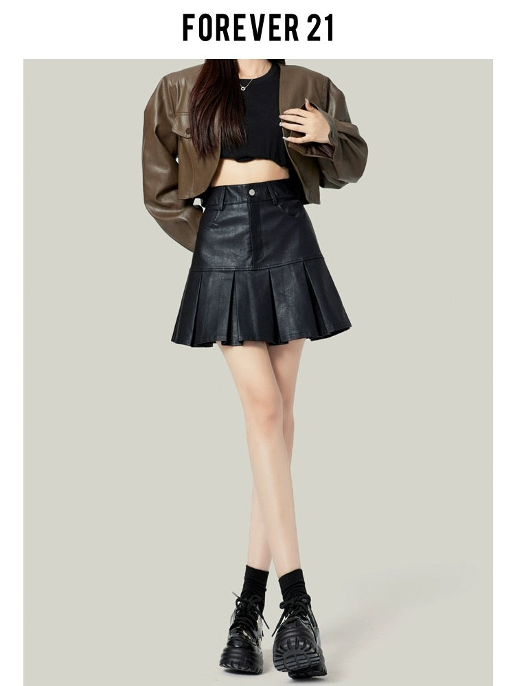 Forever21 Black Pu Leather Skirt Pleated Skirt Women's Spring 2024 Small High Waist A-Line Short Skirt