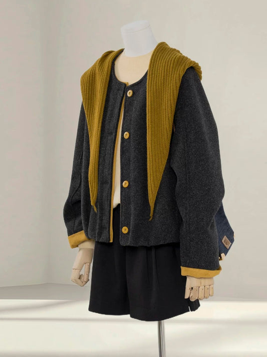 Dark grey high-grade contrast woolen coat for women 2025 autumn and winter new style small Korean short woolen coat