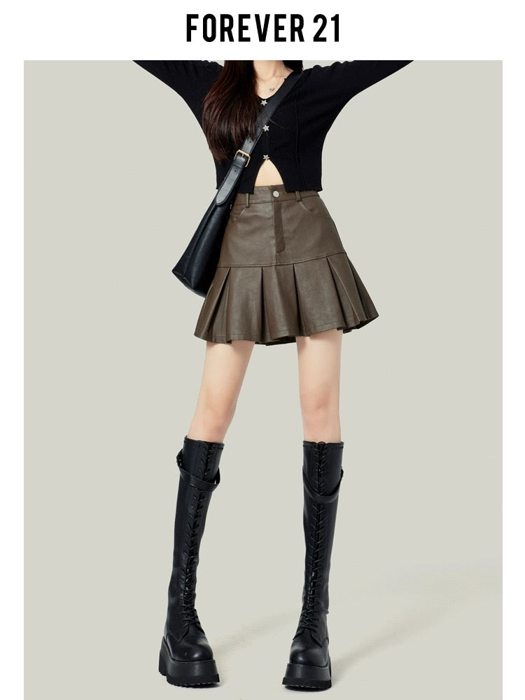 Forever21 Black Pu Leather Skirt Pleated Skirt Women's Spring 2024 Small High Waist A-Line Short Skirt