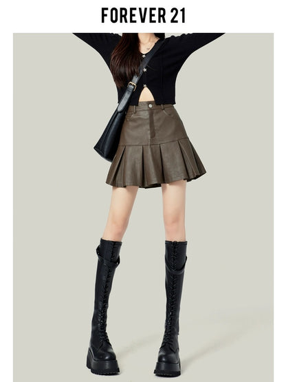 Forever21 Black Pu Leather Skirt Pleated Skirt Women's Spring 2024 Small High Waist A-Line Short Skirt