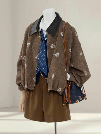 Brown lapel woolen coat women's short style petite 2025 autumn and winter new Korean style casual versatile jacket top