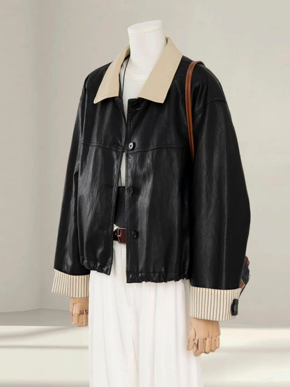 High-grade black contrast lapel leather jacket for women, petite 2025 autumn new street-fashionable PU leather jacket